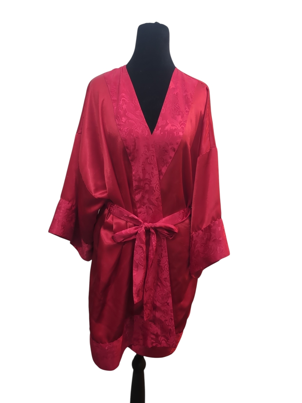 Victoria’s Secret Gold Label Y2K Red Satin Kimono Robe Belted Floral Jacquard